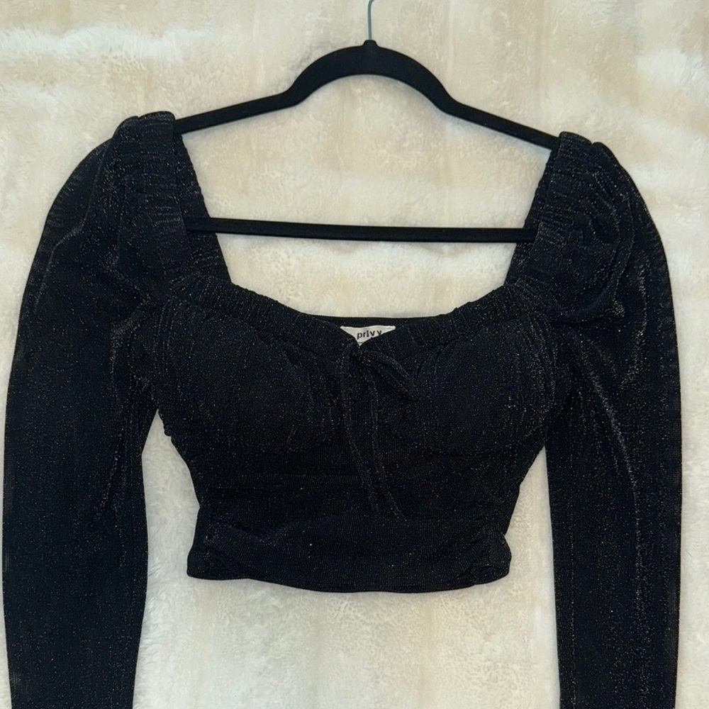 Privy Black Ruched Puff Sleeve Crop Top
